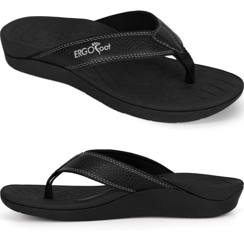 ERGOfoot Orthotic Flip Flops with Arch Support, PU Thong Sandals Walking Comfort with Orthopedic Support for Plantar Fasciitis Flat Feet, Beach Slippers for Women Men/Black - Image 1